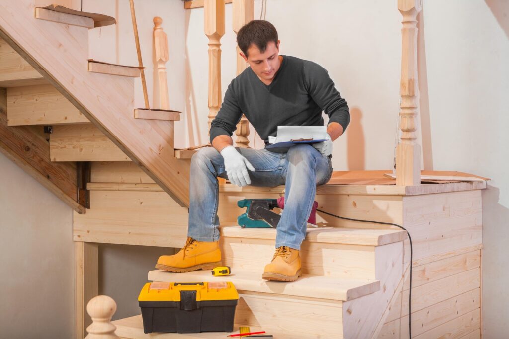 man sitting in the wood stair